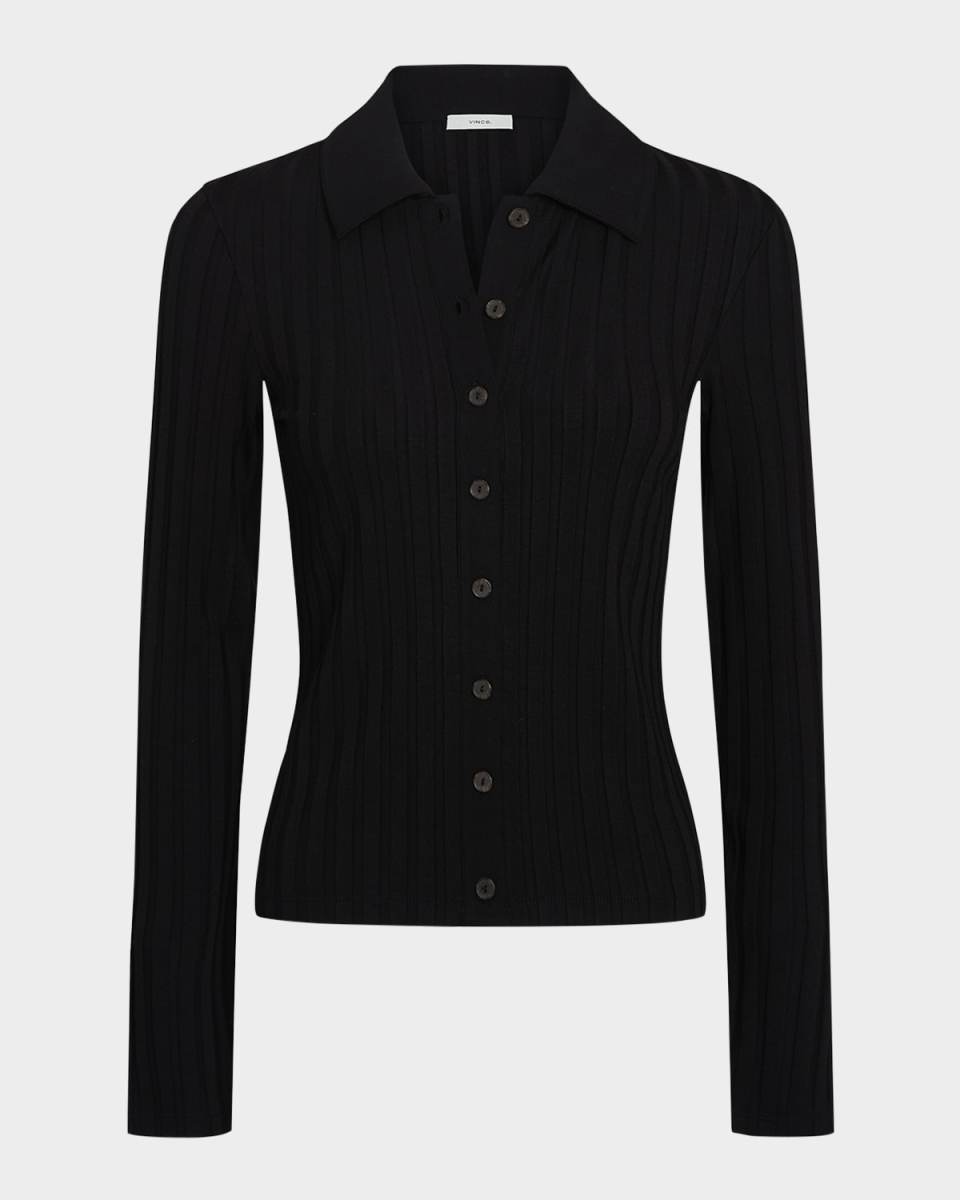 Long-Sleeve Ribbed Button-Front Top
